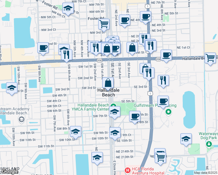 map of restaurants, bars, coffee shops, grocery stores, and more near 0 Southwest 3rd Street in Hallandale Beach