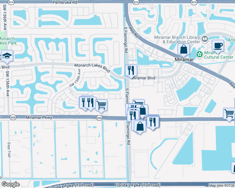 map of restaurants, bars, coffee shops, grocery stores, and more near 12553 Southwest 28th Court in Miramar