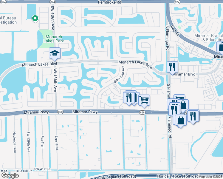 map of restaurants, bars, coffee shops, grocery stores, and more near 12962 Southwest 29th Court in Miramar