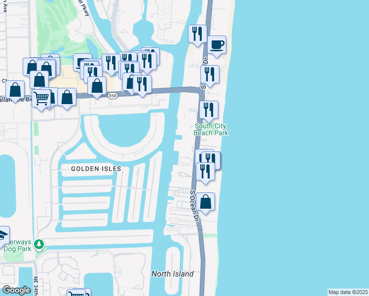 map of restaurants, bars, coffee shops, grocery stores, and more near 1945 North Ocean Drive in Hollywood