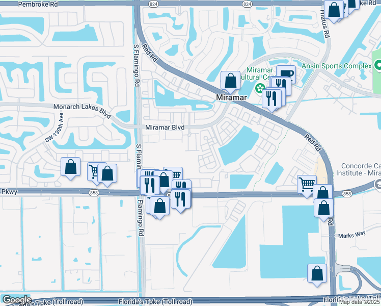map of restaurants, bars, coffee shops, grocery stores, and more near 12080 Southwest 28th Street in Miramar