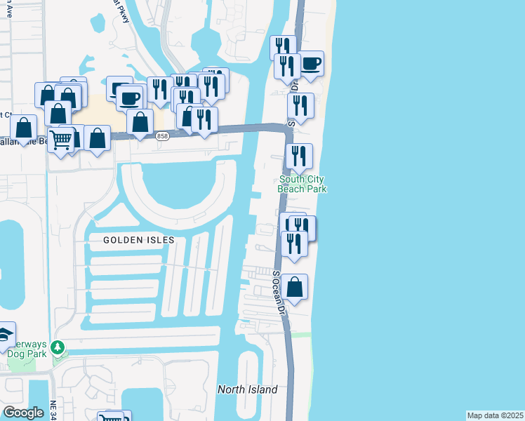 map of restaurants, bars, coffee shops, grocery stores, and more near 1945 North Ocean Drive in Hollywood
