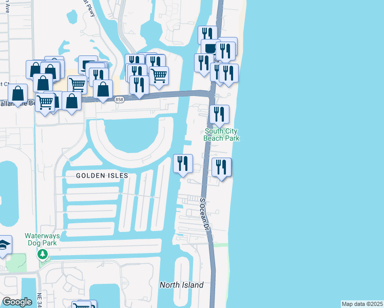map of restaurants, bars, coffee shops, grocery stores, and more near 1945 North Ocean Drive in Hollywood