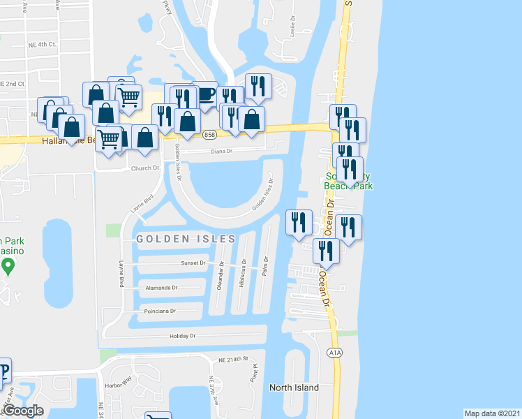 map of restaurants, bars, coffee shops, grocery stores, and more near 137 Golden Isles Drive in Hallandale Beach