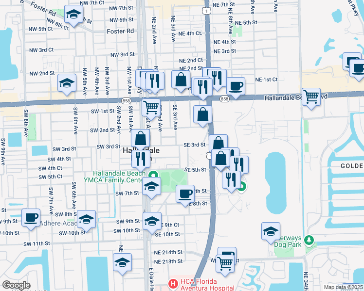 map of restaurants, bars, coffee shops, grocery stores, and more near 309 Southeast 3rd Avenue in Hallandale Beach
