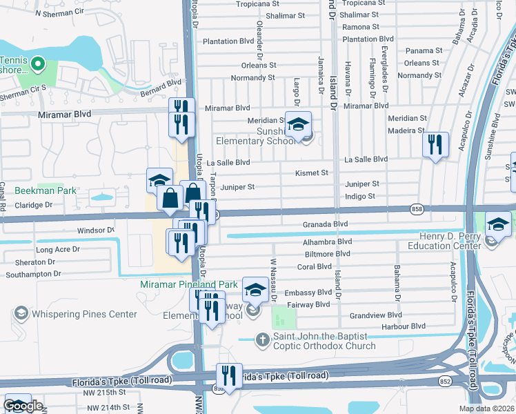 map of restaurants, bars, coffee shops, grocery stores, and more near 7828 Miramar Parkway in Miramar