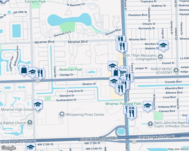 map of restaurants, bars, coffee shops, grocery stores, and more near in Miramar