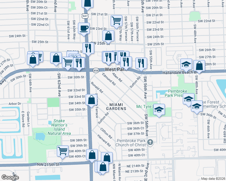 map of restaurants, bars, coffee shops, grocery stores, and more near 31 Miami Gardens Road in West Park