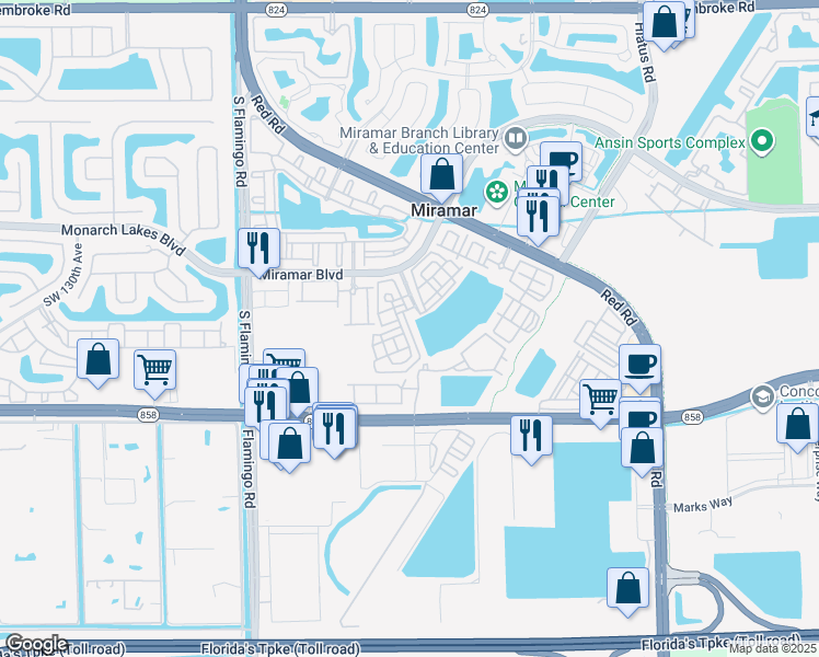 map of restaurants, bars, coffee shops, grocery stores, and more near 2905 Southwest 119th Way in Miramar