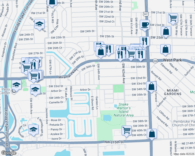 map of restaurants, bars, coffee shops, grocery stores, and more near 3240 Southwest 64th Terrace in Miramar