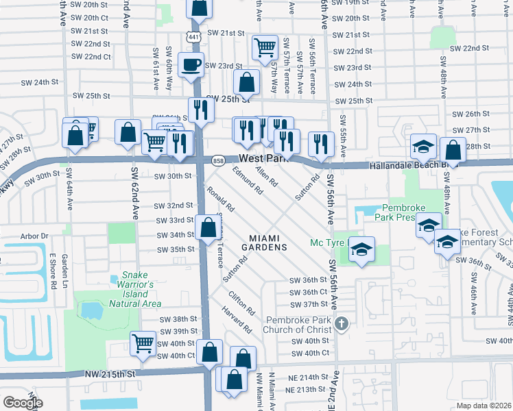 map of restaurants, bars, coffee shops, grocery stores, and more near 31 Miami Gardens Road in West Park