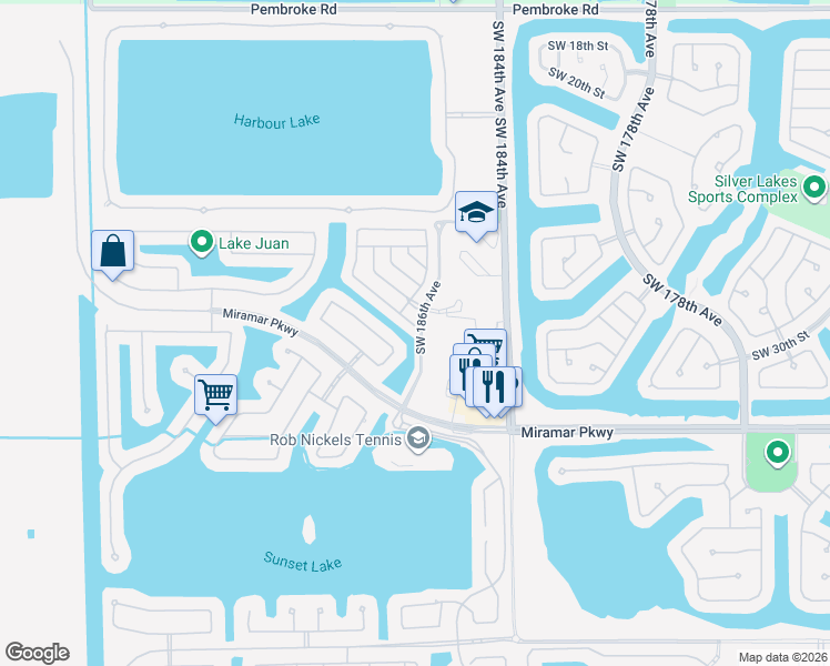 map of restaurants, bars, coffee shops, grocery stores, and more near 18600 Southwest 28th Court in Miramar