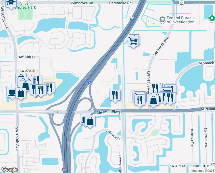 map of restaurants, bars, coffee shops, grocery stores, and more near 2901 Southwest 149th Avenue in Miramar