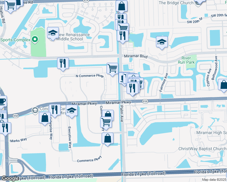 map of restaurants, bars, coffee shops, grocery stores, and more near 3021 North Commerce Parkway in Miramar