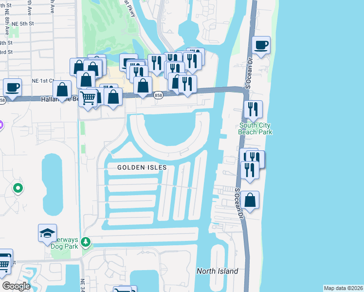 map of restaurants, bars, coffee shops, grocery stores, and more near 300 Golden Isles Drive in Hallandale Beach
