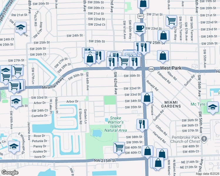 map of restaurants, bars, coffee shops, grocery stores, and more near 6217 Southwest 33rd Street in Miramar