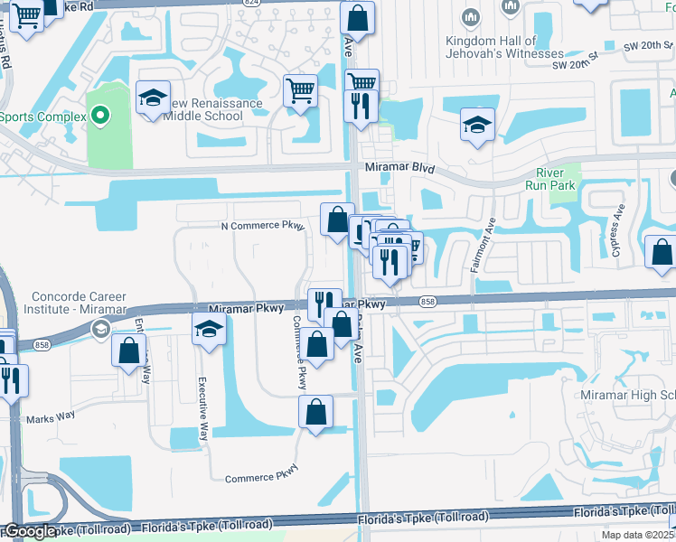 map of restaurants, bars, coffee shops, grocery stores, and more near 3021 North Commerce Parkway in Miramar