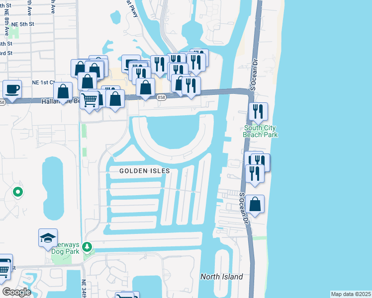 map of restaurants, bars, coffee shops, grocery stores, and more near 200 Golden Isles Drive in Hallandale Beach