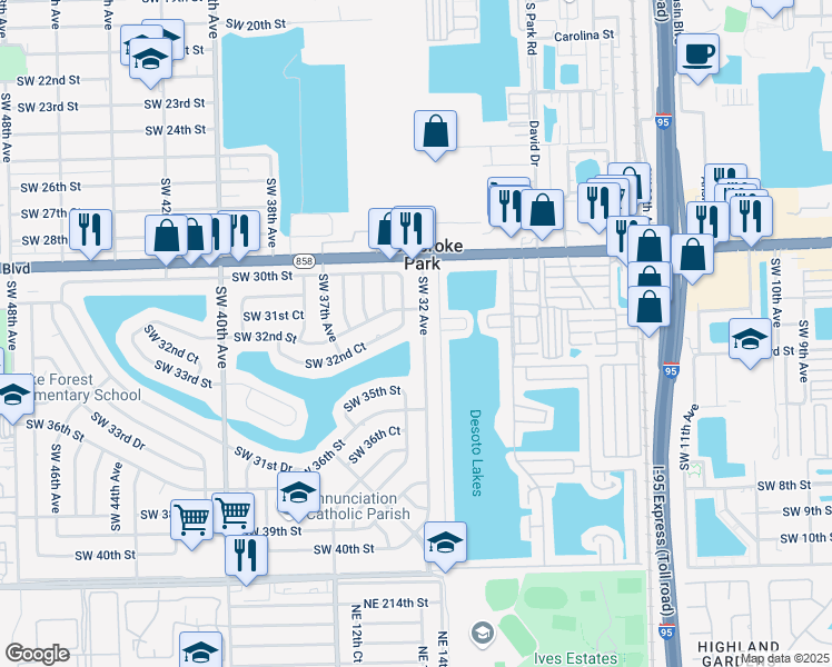 map of restaurants, bars, coffee shops, grocery stores, and more near 3311 Southwest 32 Avenue in West Park