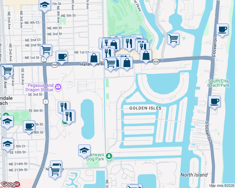 map of restaurants, bars, coffee shops, grocery stores, and more near 580 Egret Drive in Hallandale Beach