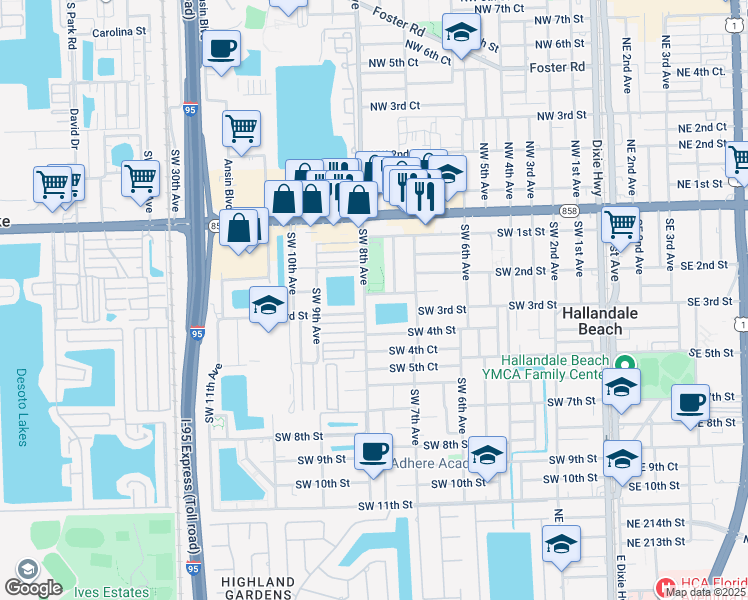 map of restaurants, bars, coffee shops, grocery stores, and more near 301 Southwest 8th Avenue in Hallandale Beach