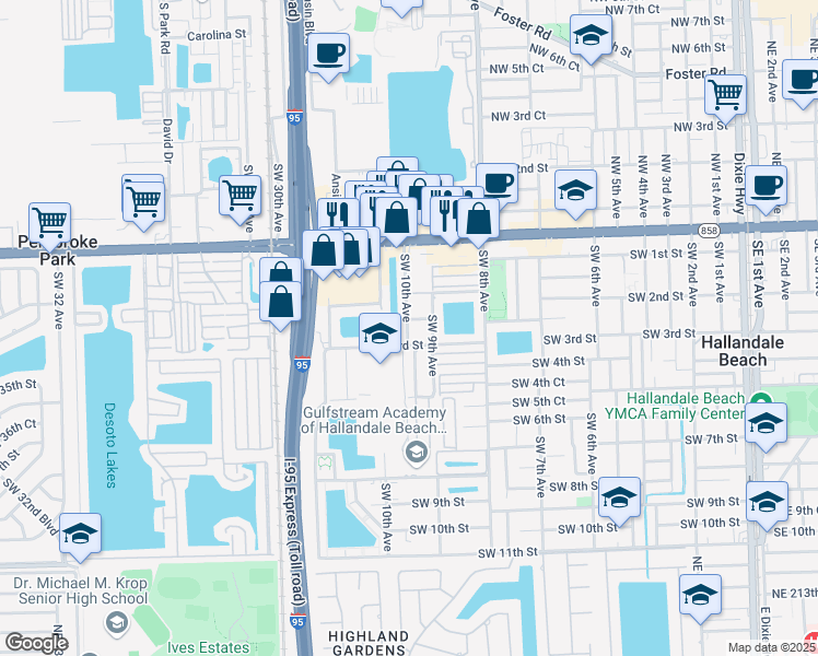 map of restaurants, bars, coffee shops, grocery stores, and more near 261 Southwest 10th Avenue in Hallandale Beach
