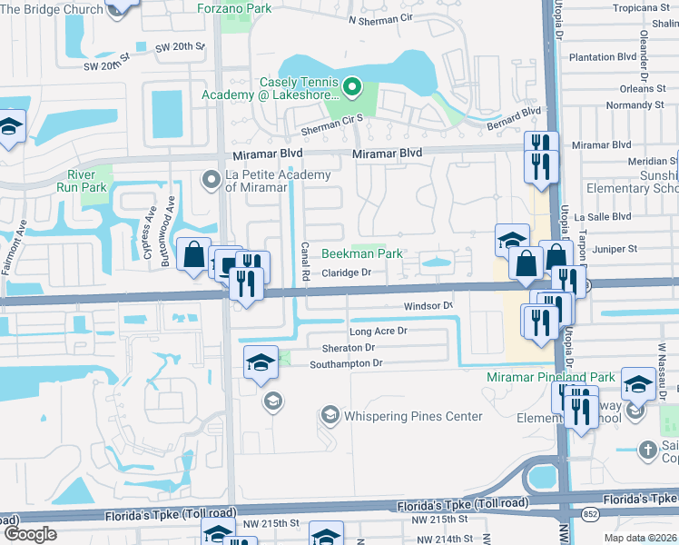 map of restaurants, bars, coffee shops, grocery stores, and more near 8619 Miramar Parkway in Miramar