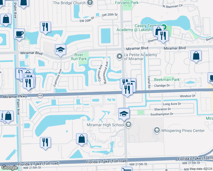 map of restaurants, bars, coffee shops, grocery stores, and more near 8909 Miramar Parkway in Miramar