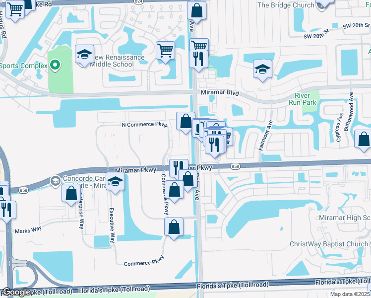 map of restaurants, bars, coffee shops, grocery stores, and more near 3021 North Commerce Parkway in Miramar