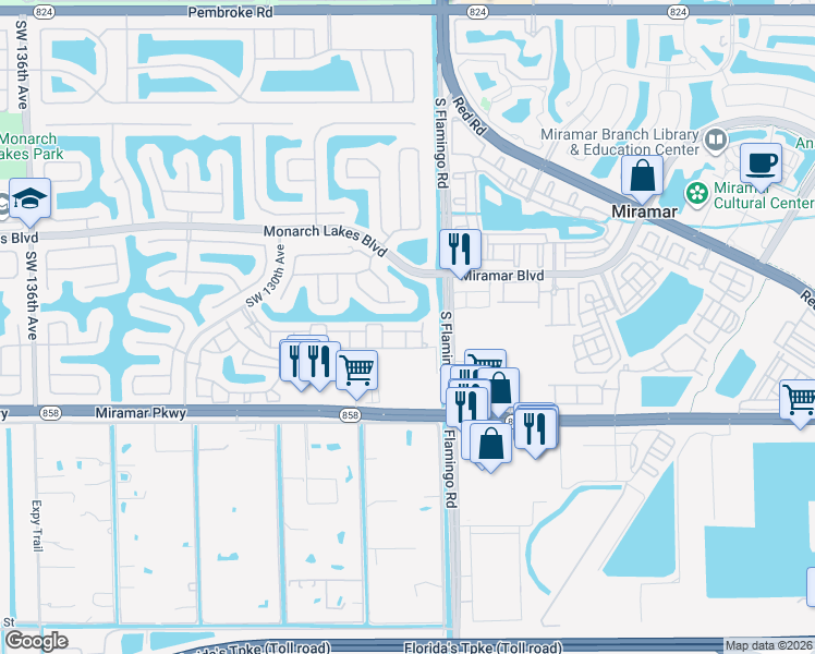 map of restaurants, bars, coffee shops, grocery stores, and more near 2891 Southwest 126th Avenue in Miramar