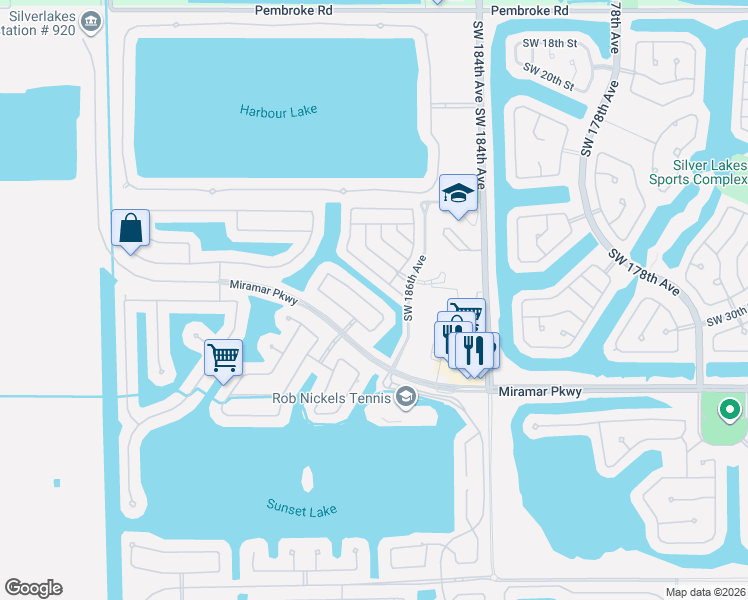 map of restaurants, bars, coffee shops, grocery stores, and more near 18800 Southwest 29th Street in Miramar