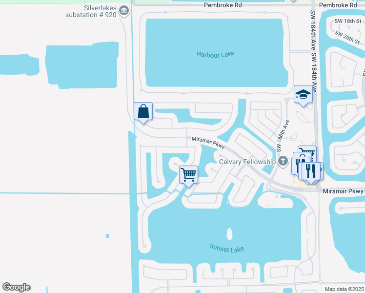 map of restaurants, bars, coffee shops, grocery stores, and more near 19270 Southwest 30th Street in Miramar