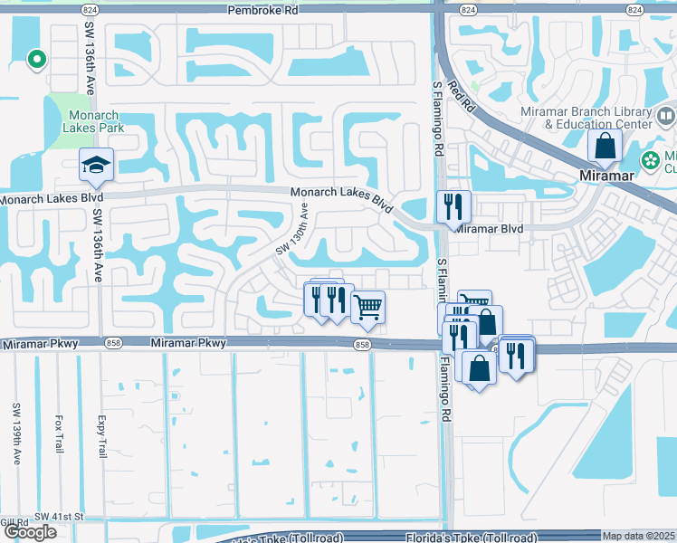 map of restaurants, bars, coffee shops, grocery stores, and more near 2802 Southwest 128th Way in Miramar