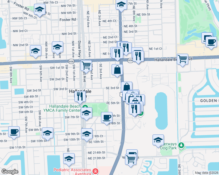 map of restaurants, bars, coffee shops, grocery stores, and more near 410 Southeast 3rd Street in Hallandale Beach