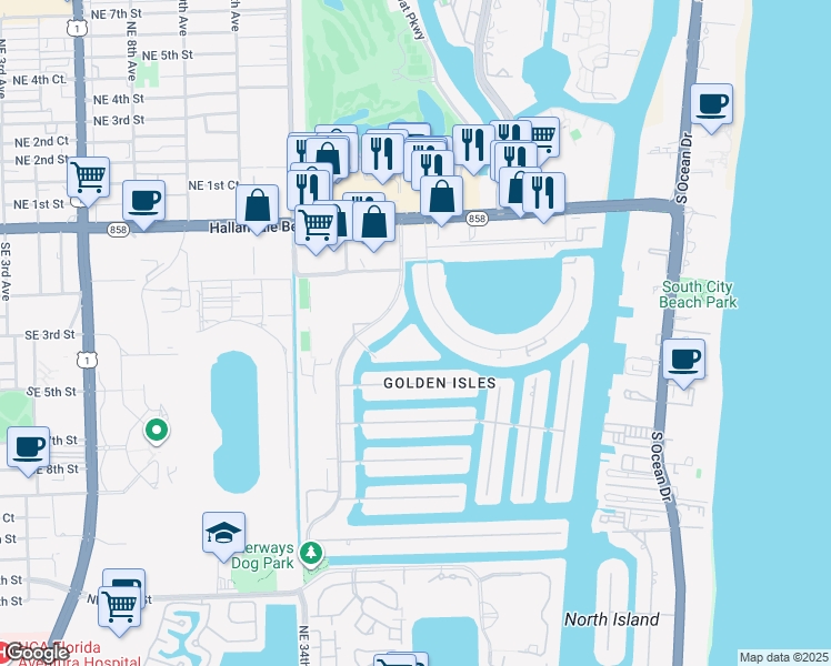 map of restaurants, bars, coffee shops, grocery stores, and more near 468 Paradise Isle Boulevard in Hallandale Beach
