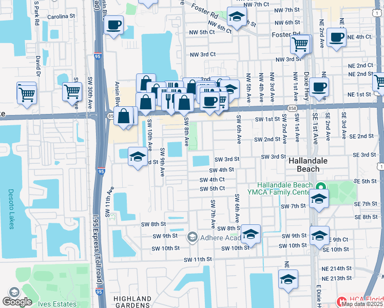 map of restaurants, bars, coffee shops, grocery stores, and more near 301 Southwest 8th Avenue in Hallandale Beach
