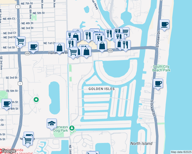 map of restaurants, bars, coffee shops, grocery stores, and more near 450 Paradise Isle Boulevard in Hallandale Beach