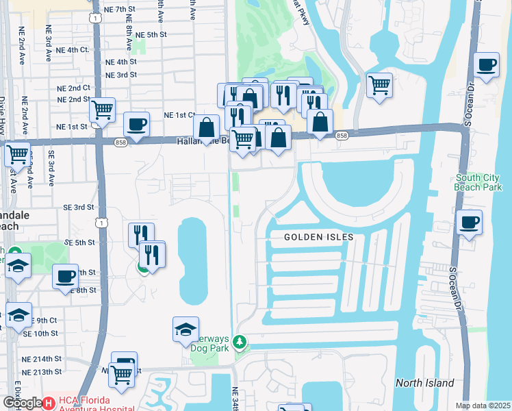 map of restaurants, bars, coffee shops, grocery stores, and more near 580 Egret Drive in Hallandale Beach