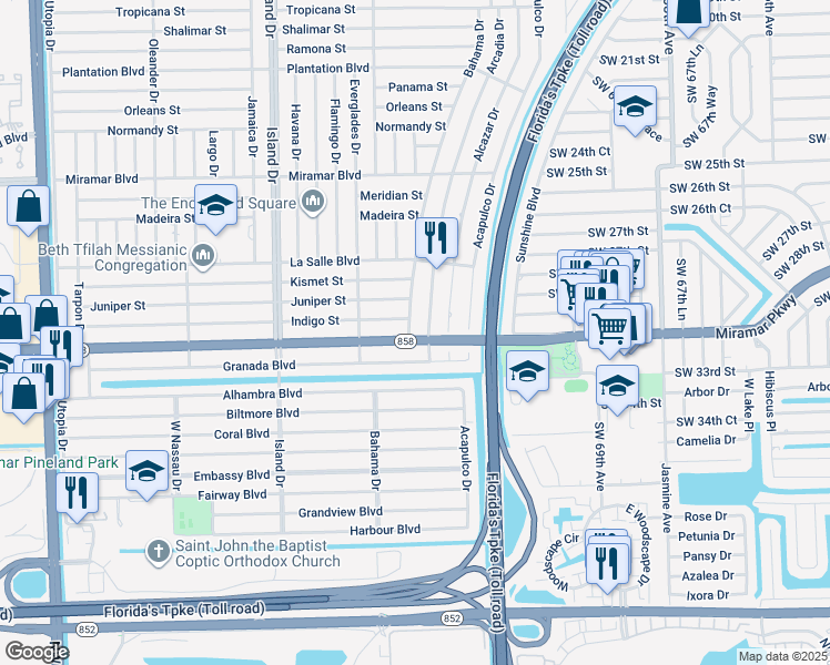 map of restaurants, bars, coffee shops, grocery stores, and more near 7410 Miramar Parkway in Miramar
