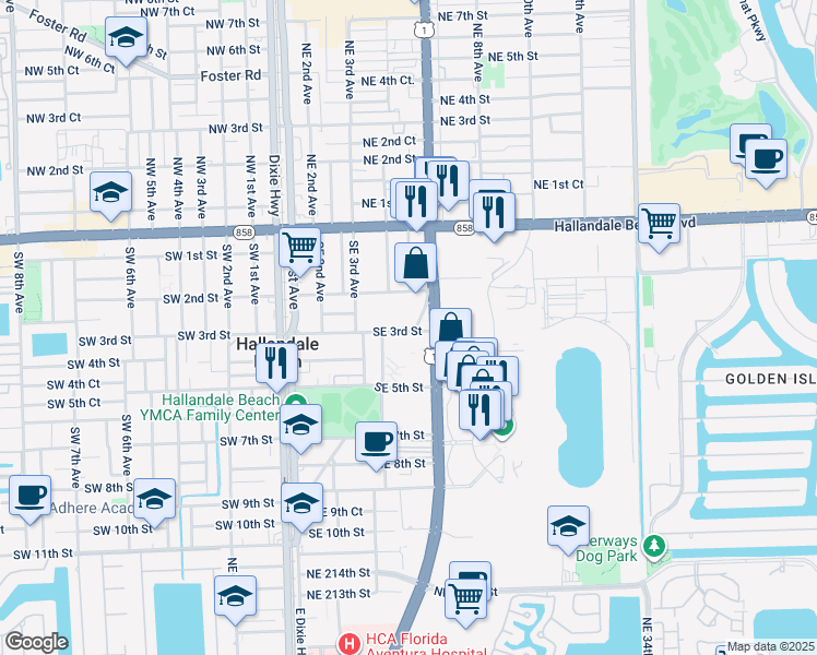 map of restaurants, bars, coffee shops, grocery stores, and more near 410 Southeast 3rd Street in Hallandale Beach