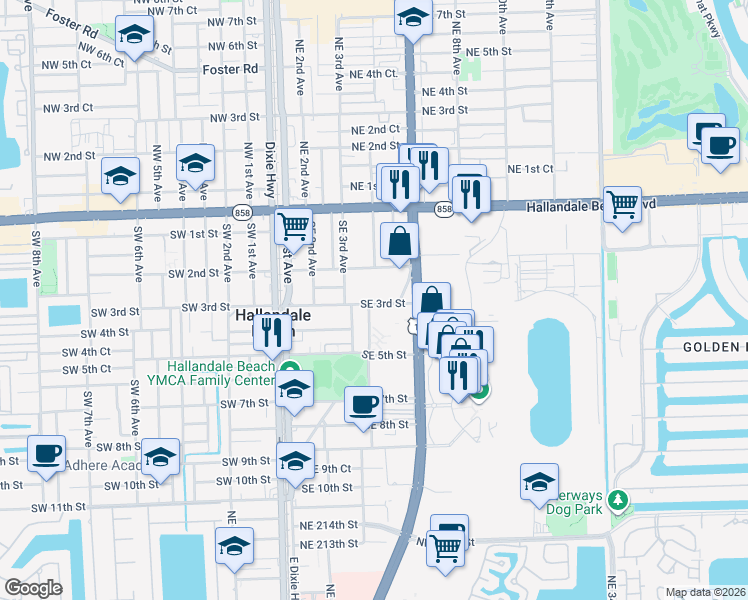 map of restaurants, bars, coffee shops, grocery stores, and more near 410 Southeast 3rd Street in Hallandale Beach