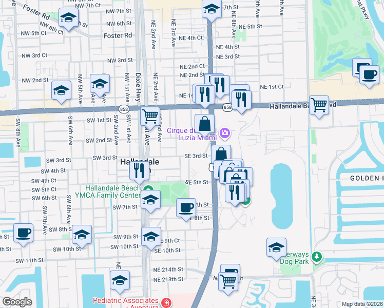 map of restaurants, bars, coffee shops, grocery stores, and more near 410 Southeast 3rd Street in Hallandale Beach