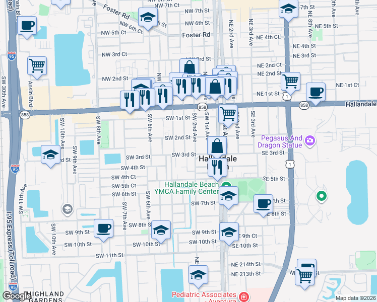 map of restaurants, bars, coffee shops, grocery stores, and more near 211 Southwest 3rd Street in Hallandale Beach