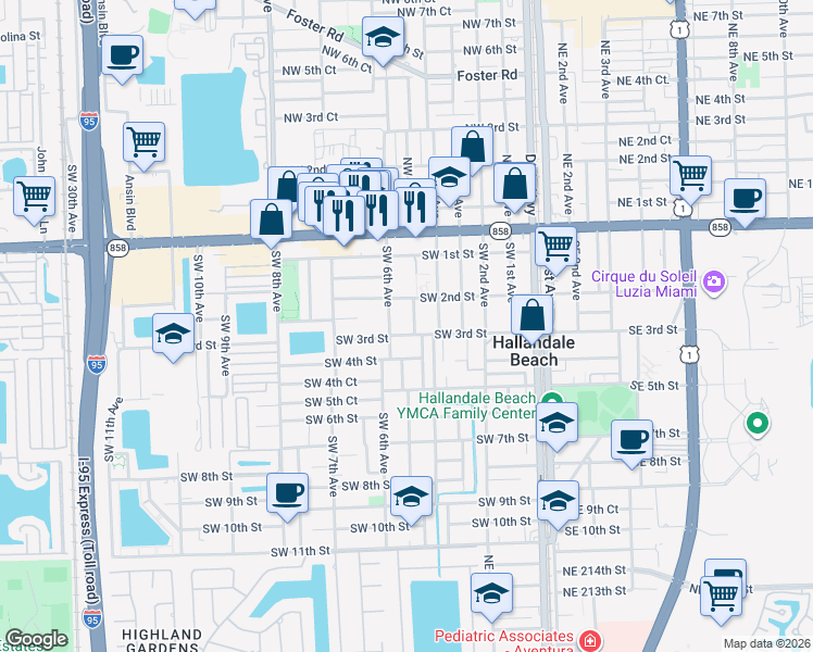 map of restaurants, bars, coffee shops, grocery stores, and more near 509 Southwest 3rd Street in Hallandale Beach