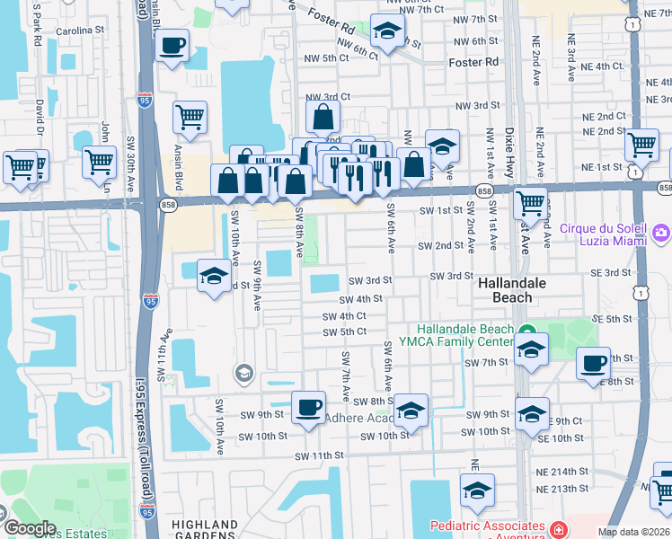 map of restaurants, bars, coffee shops, grocery stores, and more near 232 Southwest 7th Avenue in Hallandale Beach