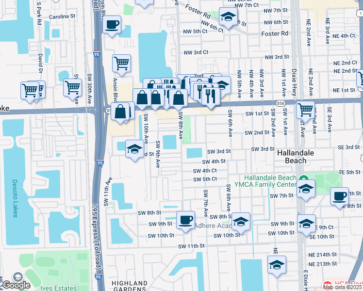 map of restaurants, bars, coffee shops, grocery stores, and more near 301 Southwest 8th Avenue in Hallandale Beach