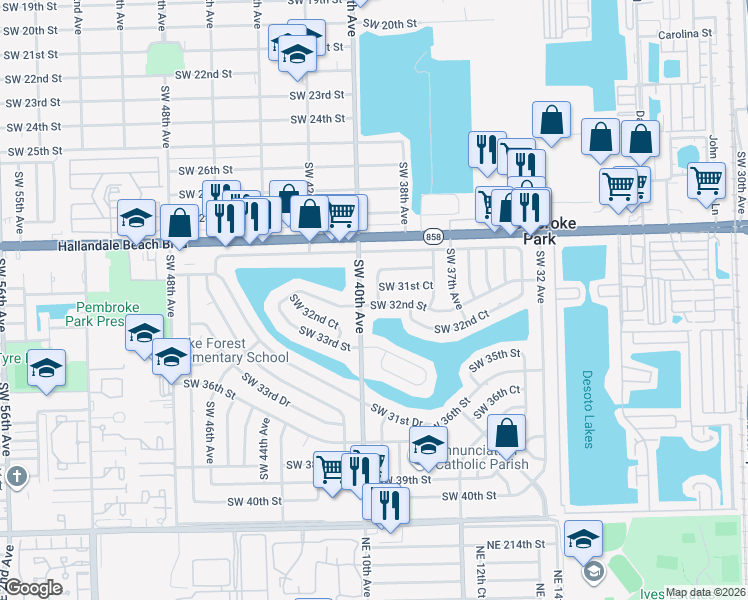 map of restaurants, bars, coffee shops, grocery stores, and more near 3910 Southwest 32nd Street in West Park