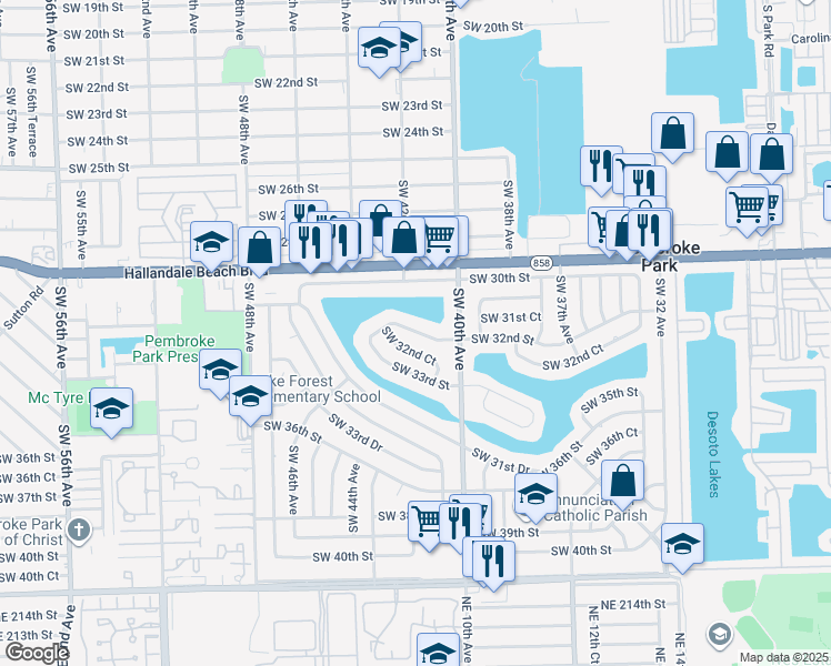 map of restaurants, bars, coffee shops, grocery stores, and more near 4030 Southwest 32nd Street in West Park