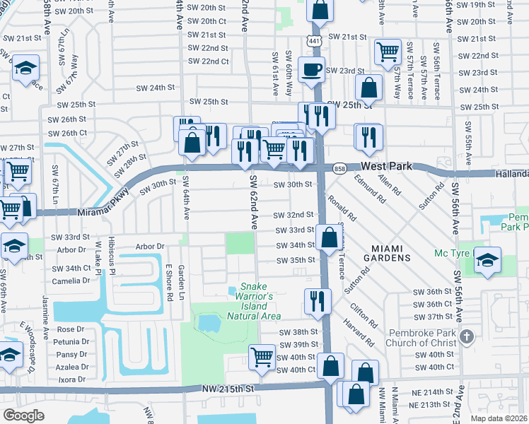 map of restaurants, bars, coffee shops, grocery stores, and more near 6120 Southwest 32nd Street in Miramar