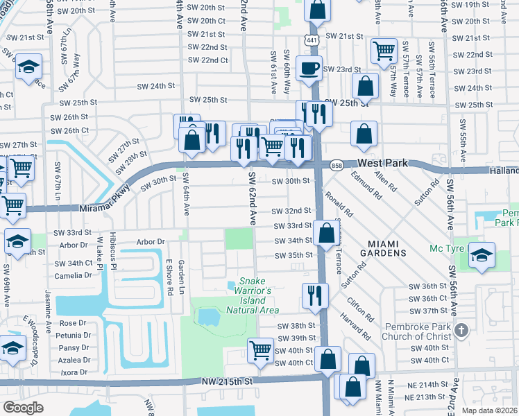 map of restaurants, bars, coffee shops, grocery stores, and more near 6120 Southwest 32nd Street in Miramar
